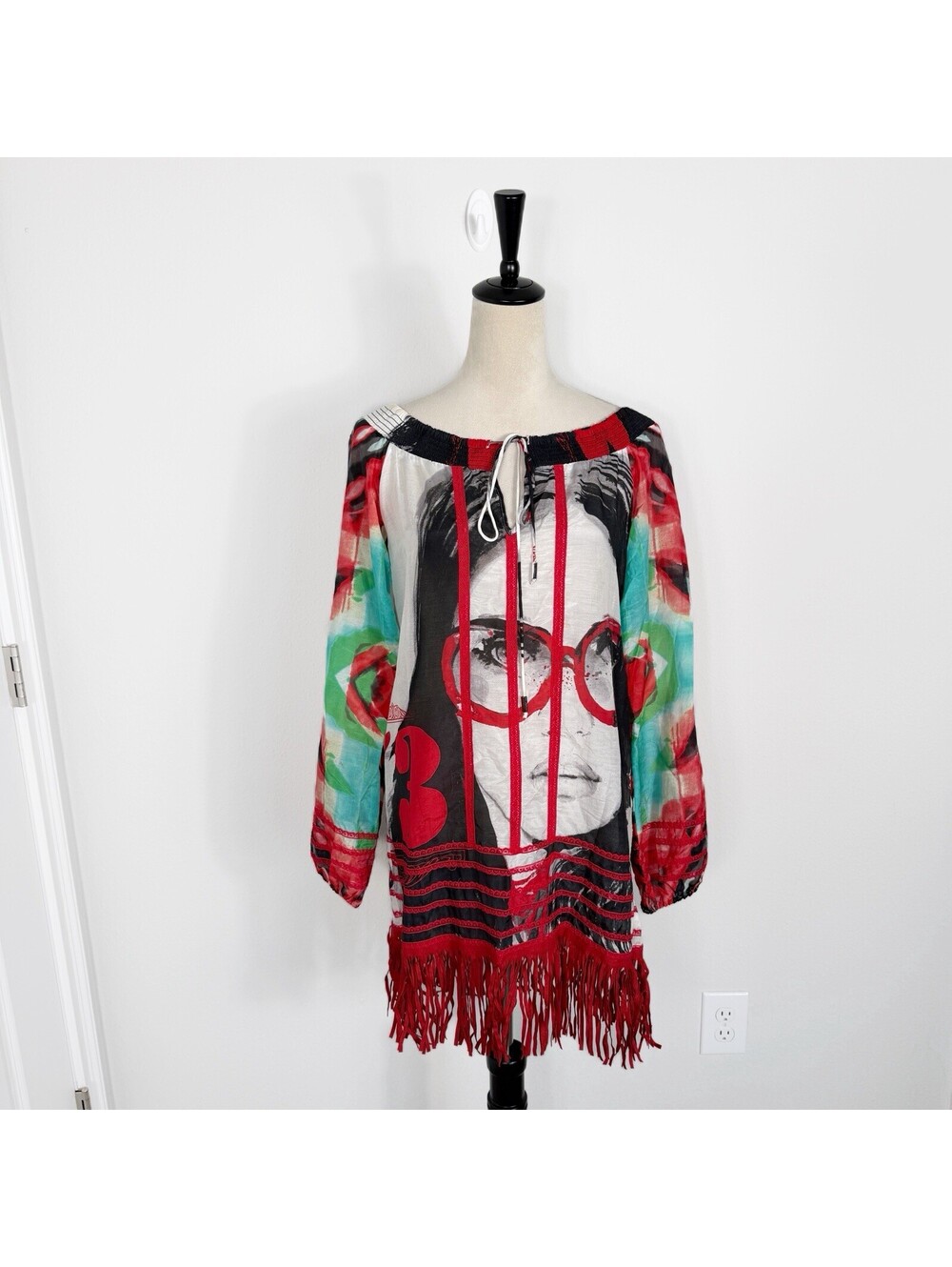 Womens Y2K Custo Barcelona Face Graphic Dress Abstract Fringe Silk Blend Size 2